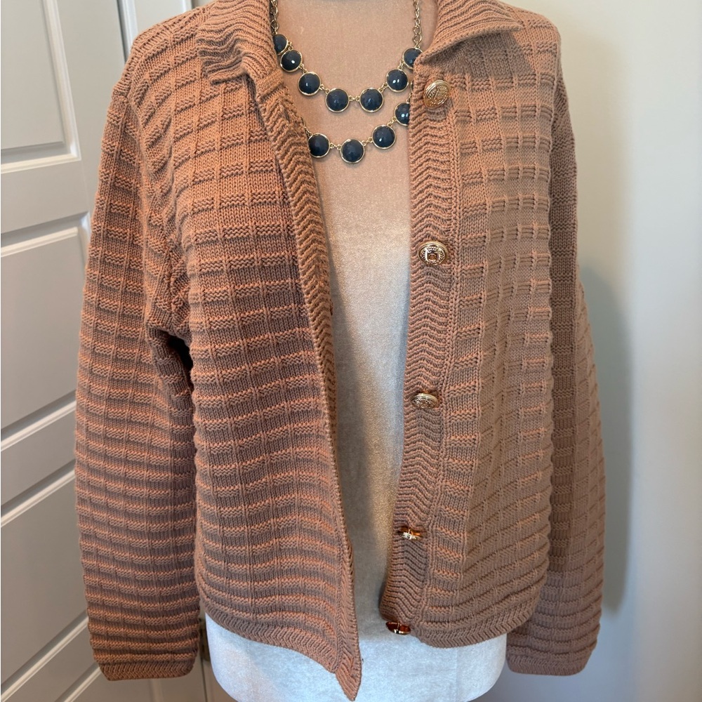 Talbots Tan Textured Knit Cardigan w/ Gold Buttons